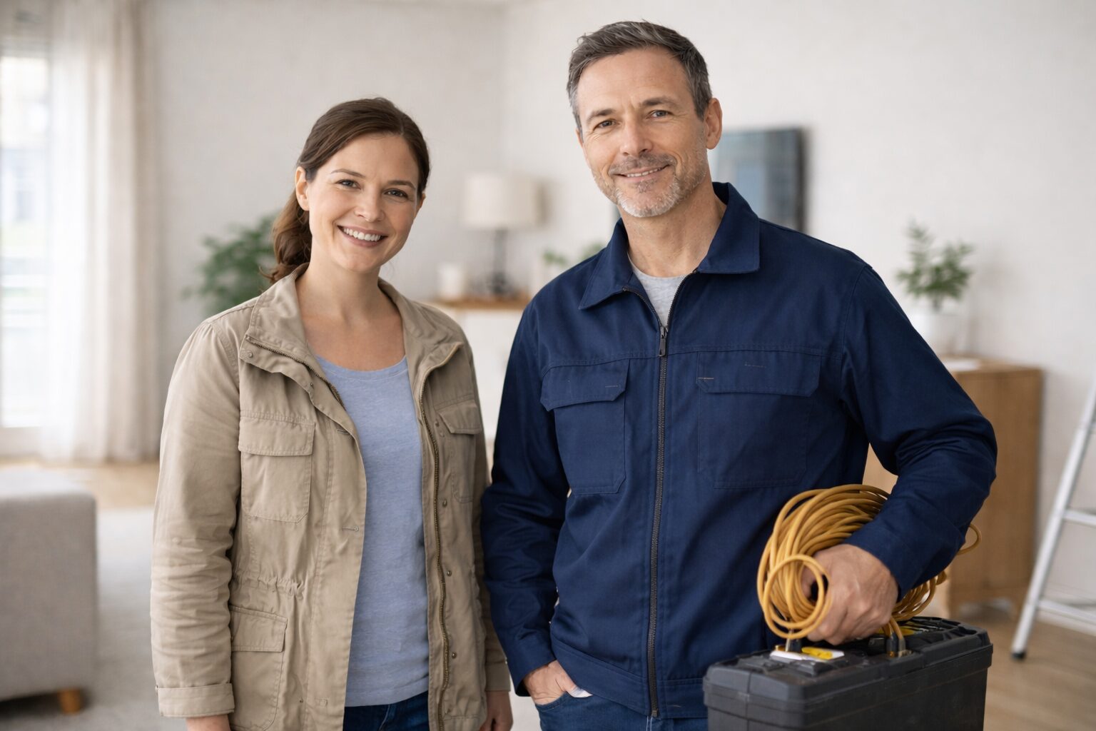 Eine Frau und ein Mann mit Blaumann und Werkzeugkoffer stehen lächelnd nebeneinander in einem Wohnzimmer. Im Hintergrund eine Leiter.